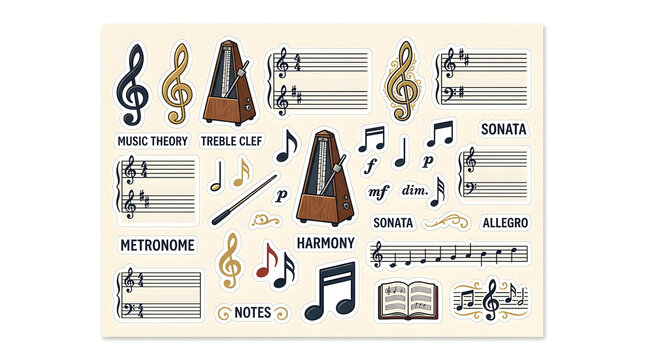 Musical Elements Collection: A visual representation of musical concepts including treble clefs, metronomes, sheet music, musical notes, and terms like 'Harmony' and 'Sonata'.