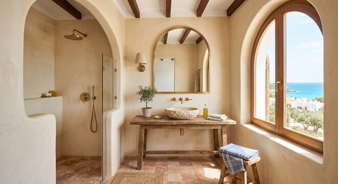 테라코타 타일 바닥과 아치형 거울이 어우러진 지중해 스타일의 밝은 욕실 인테리어
Mediterranean style bathroom interior featuring terracotta floor tiles and an arched mirror