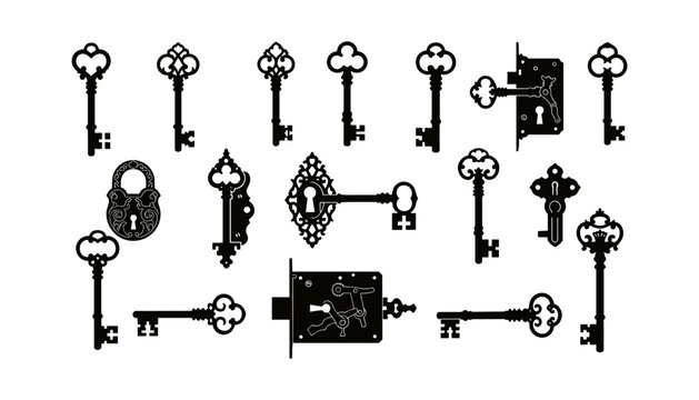 Keys and Locks in Various Intricate Designs and Styles Featuring Vintage, Antique, Ornate with Detailed and Black Elements