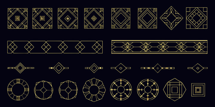 art deco gold geometric frames on black background shapes dividers diamonds ovals rectangles vector illustration pattern design ornament decoration graphic modern