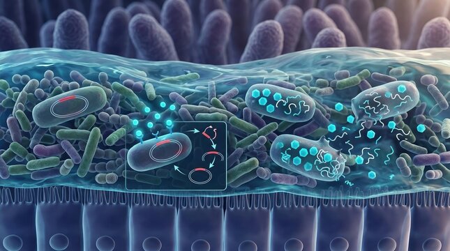 A transparent intestinal cross-section reveals bacteria, bacteriophages, and looping DNA fragments near the mucus lining; trigger-like molecular signals, lysogenic-to-lytic switching graphics.