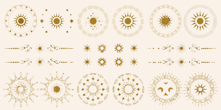celestial gold dividers and circular frames featuring sunburst patterns ornamental astronomical radiant vector illustration design elements decoration embellishment graphic art iconic