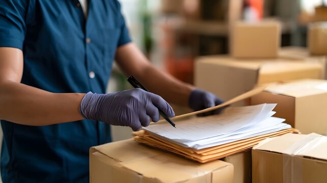 A person wearing gloves signs documents atop a stack of cardboard boxes in a warehouse setting