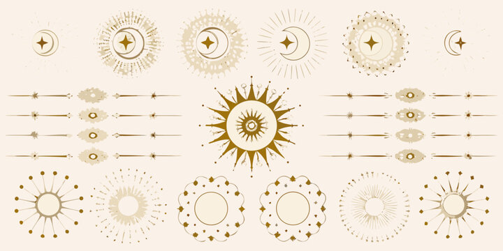 celestial gold dividers and circular frames featuring sun moon stars vector illustration pattern ornament astronomy cosmic design graphic element decoration icon