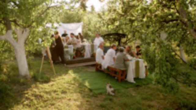 Outdoor celebration scene in soft focus shows guests gathered for festive dining event under trees in rural garden during sunny daytime. Long table setup with catering service creates warm atmosphere