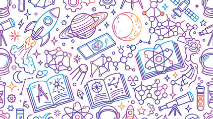 Colorful Science Space Doodle Seamless Pattern with Rocket Planet Atom Molecule Telescope Book Gradient Line Vector Background © MST