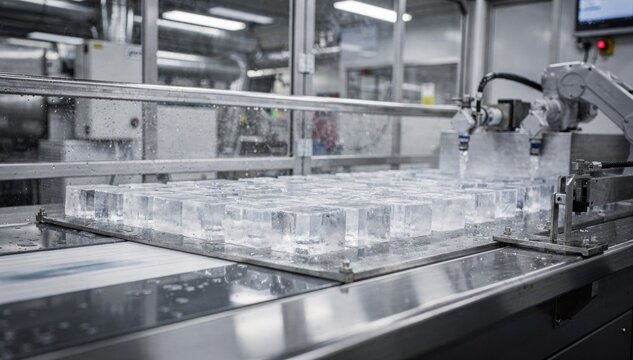 Medium shot of automated machines crafting uniform halfcube ice efficiently separating and transferring pieces on a sleek production line with stainless steel conveyors.