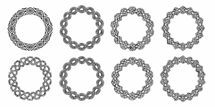 collection of black and white celtic knot circular frames ornamental pattern vector design decorative border interlace artistic traditional symbolic graphic illustration