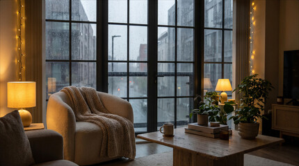 Fototapeta premium Cozy Living Room Interior Rainy Day View Large Windows Modern Apartment Armchair Knitted Throw Warm Lighting Aesthetic Relaxation Home Decor Atmosphere Indoor Living Space Comfortable Reading Corner