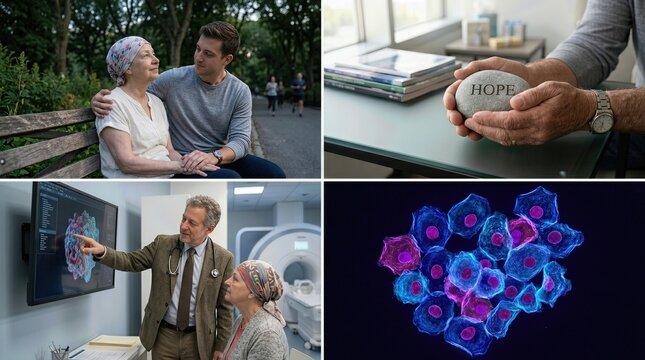 Cancer disease, a person receiving medical therapy treatment, showing strength, hope, cellular growth mutation, oncology consultation, support, long-term remission, survival struggle.