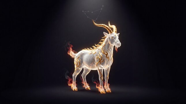 Mythical Capricorn Zodiac Sign with Golden Fire and Constellation