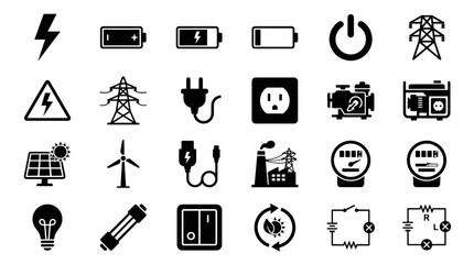 Fototapeta premium Energy and Power Vector Icon Set with Electricity Battery Transmission Tower Plug and Electrical Symbols in Black