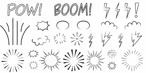 Comic book explosion and impact effects black and white line art © Nripen