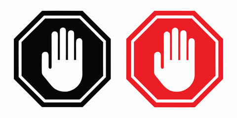 Octagonal Stop Signs With Hand Symbols Black And Red Versions © Nripen