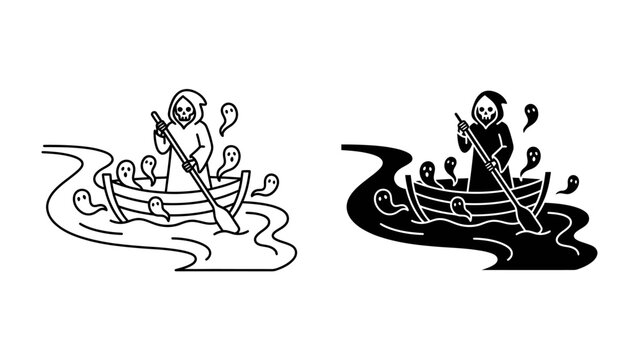 Charon's Ferry: An illustration depicting the mythical ferryman Charon, cloaked and hooded, rowing a boat filled with souls across a dark river. Accompanied by spectral figures.