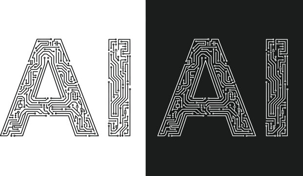 Digital letters forming ai text with intricate circuit board patterns