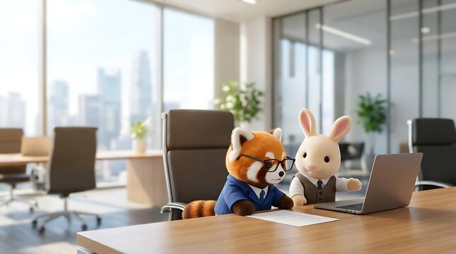 Red panda and rabbit toy characters in office.