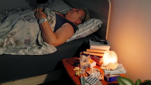 Elderly female asleep in a dark room with a bedside table full of medical drugs.