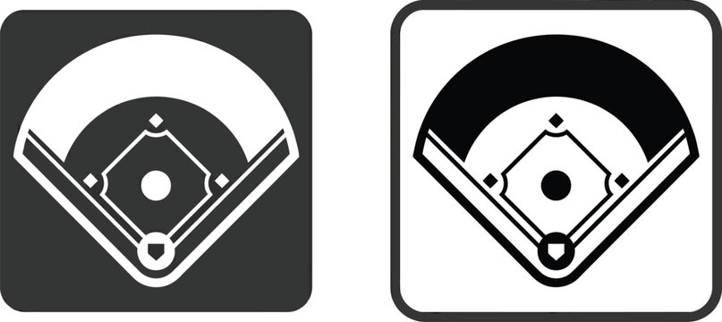 Two minimalist baseball field icons displayed in high contrast black and white square rounded frames