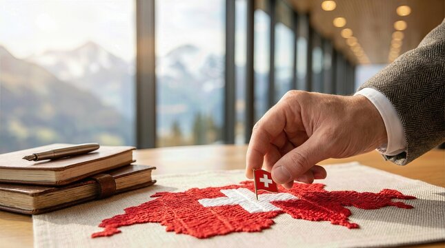 Hand placing a Switzerland flag pin onto a red embroidered map shape, signifying Swiss National Day, August 1, with an alpine mountain panorama visible beyond a window.
