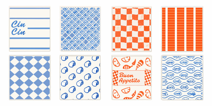 menu cards collection with playful patterns and text designs italian phrases cin buon appetito stripes checks diamonds pears waves vector illustration