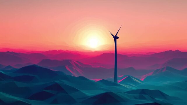 Low poly illustration of wind turbine against pink sunset over mountains, renewable energy future, green power sustainability.