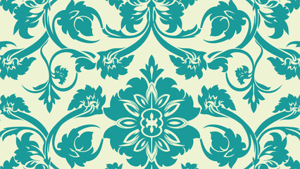 Seamless Teal Damask Pattern on Pale Yellow Background. Flat vector illustration EPS 10. © Dijee Art