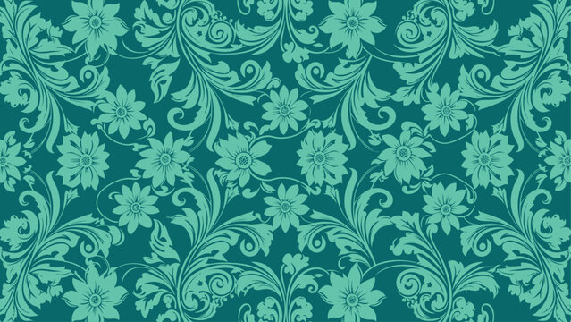 Seamless teal damask floral pattern background with vintage ornamental scrolls and flowers. Flat vector illustration EPS 10.