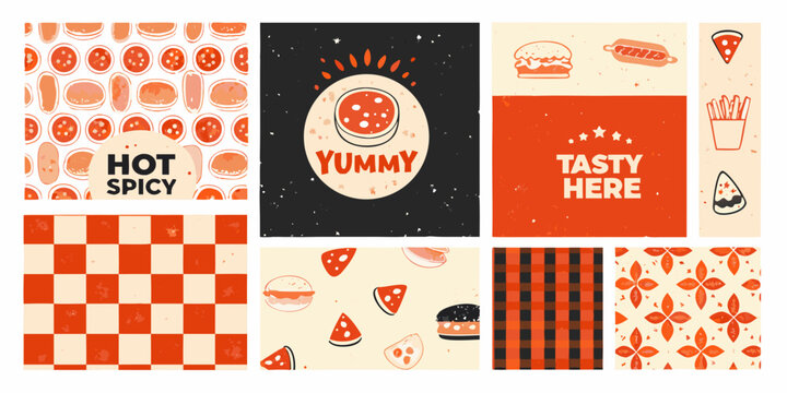 retro fast food pattern grid featuring pizza and burgers burger illustration orange black white checkered spicy yummy tasty menu restaurant design