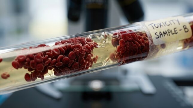 Blood plasma sludging, showing separation of yellowish fluid from clumping red erythrocyte cells inside capillary tube, demonstrating drug toxicity in laboratory environment analysis.
