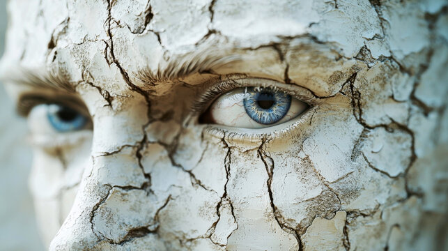 Close view of a cracked sculpture with blue eye detail under natural light highlighting textures