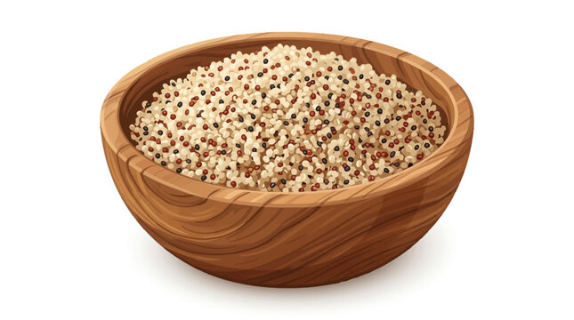Wooden bowl filled with colorful quinoa grains on white background