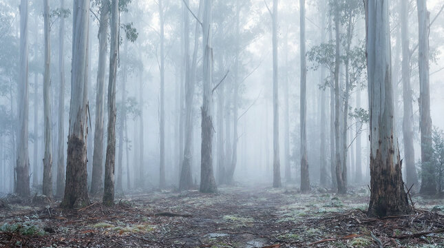 Southern Hemisphere Winter Forest Misty Eucalyptus Grove. Ethereal misty eucalyptus forest with tall silver tree trunks fading into fog, winter atmosphere