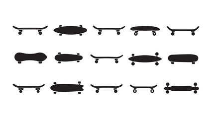Set of black silhouette skateboard icons showing various board shapes and designs © rayhanbd.net