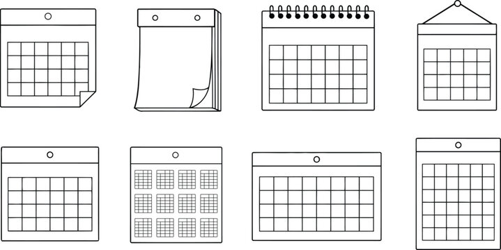 Hand drawn calendar page outline set with monthly grid layouts for scheduling and planner templates