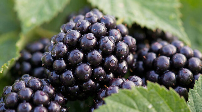 Glossy Ripe Blackberries Macro Water Droplets Deep Purple. Extreme close-up of glossy blackberries covered in fresh water droplets showing deep purple drupelets
