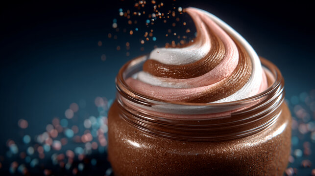 Swirled chocolate and strawberry cream dessert in glass jar with colorful sprinkles, culinary