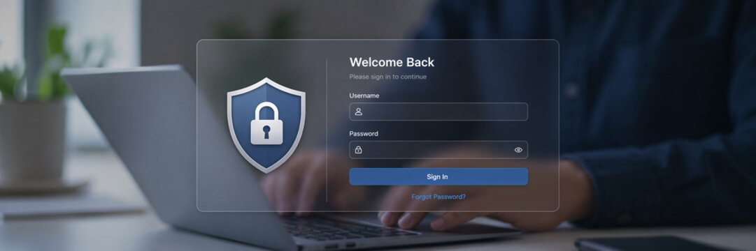 User logging in to secure website on laptop at workplace