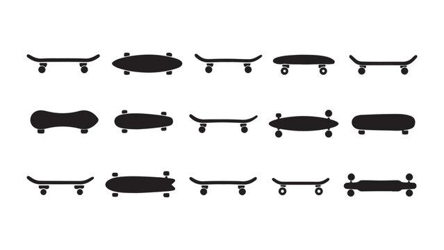 Set of black silhouette skateboard icons showing various board shapes and designs
