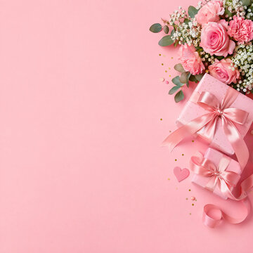 Pink flowers bouquet and gift boxes with ribbons on pink background