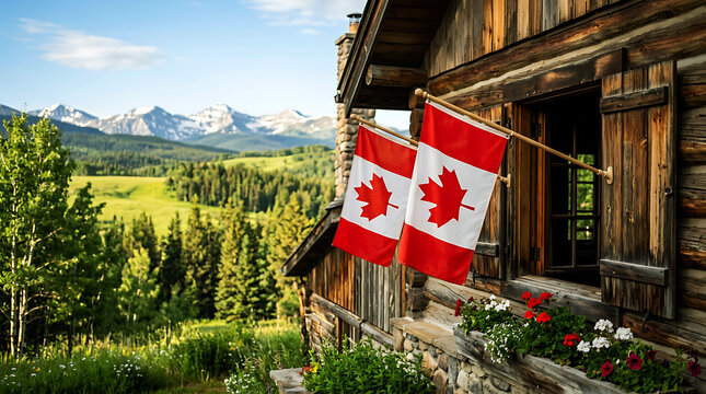 Canadian flags hanging outside a log cabin with mountain scenery in the background scenic photograph