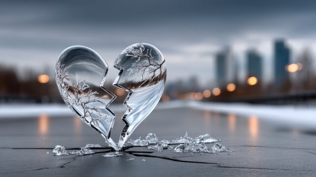 Heart sculpture breaking on urban pavement with abstract trees in the design