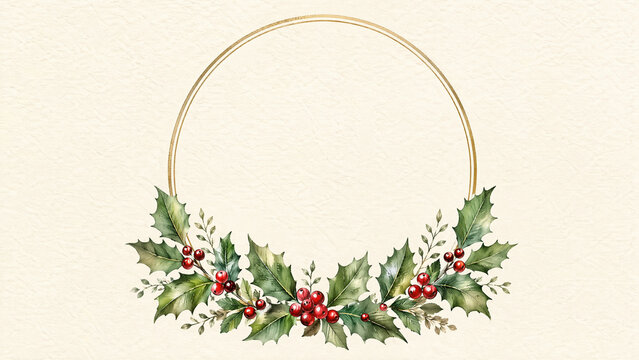 Watercolor Christmas wreath with holly leaves and red berries