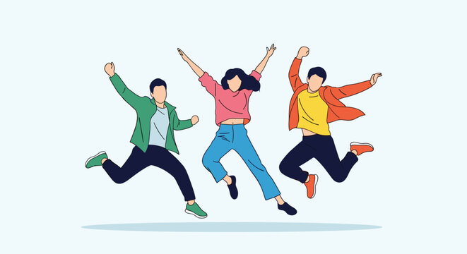 Three happy friends in casual clothes jumping high with arms open in a moment of celebration and true joy.