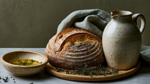 artisan bread, olive oil and herbs on handcrafted ceramic tableware, minimalist luxury food composition