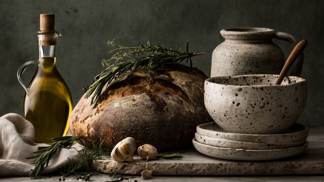 artisan bread, olive oil and herbs on handcrafted ceramic tableware, minimalist luxury food composition