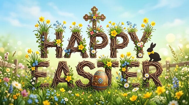 Happy easter greeting with decorative text and symbols on colorful gradient background easter.