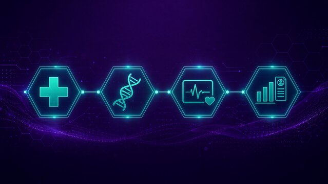 Digital medical technology icons representing healthcare innovation