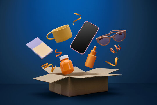 Surprise gift box with various items floating out on blue background