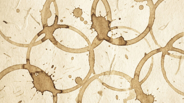 Abstract Coffee Stain Rings Artistic Brown Pattern. Overlapping coffee cup stain rings creating abstract pattern on cream paper artistic texture